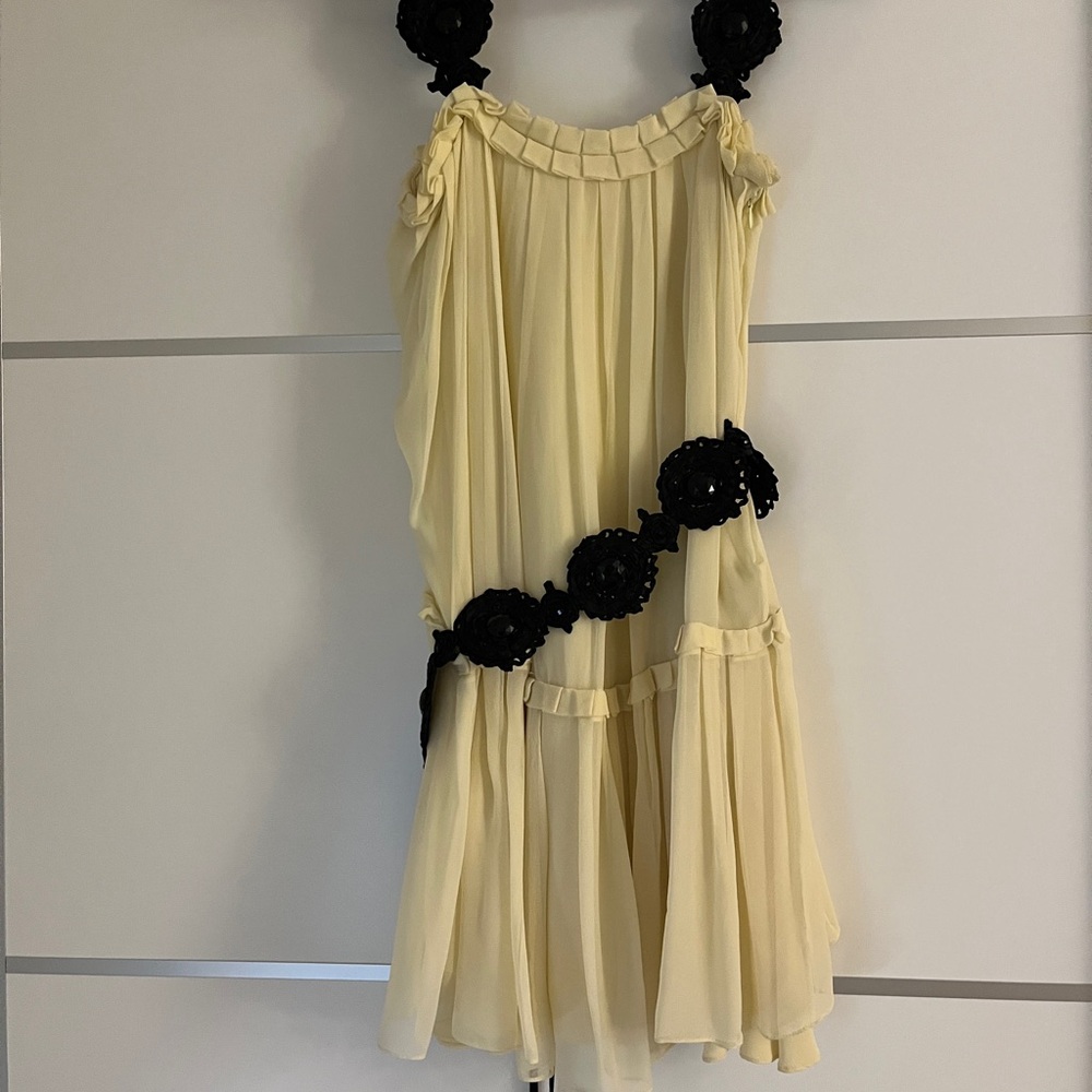 Marchesa Cream Chiffon Dress with Black Floral Accents